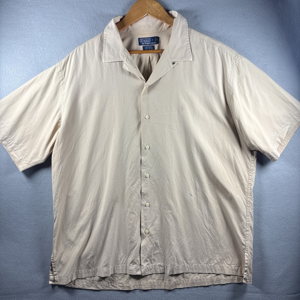 Vintage Polo Ralph Lauren Caldwell Cotton Camp Shirt XL Beige Loop Collar